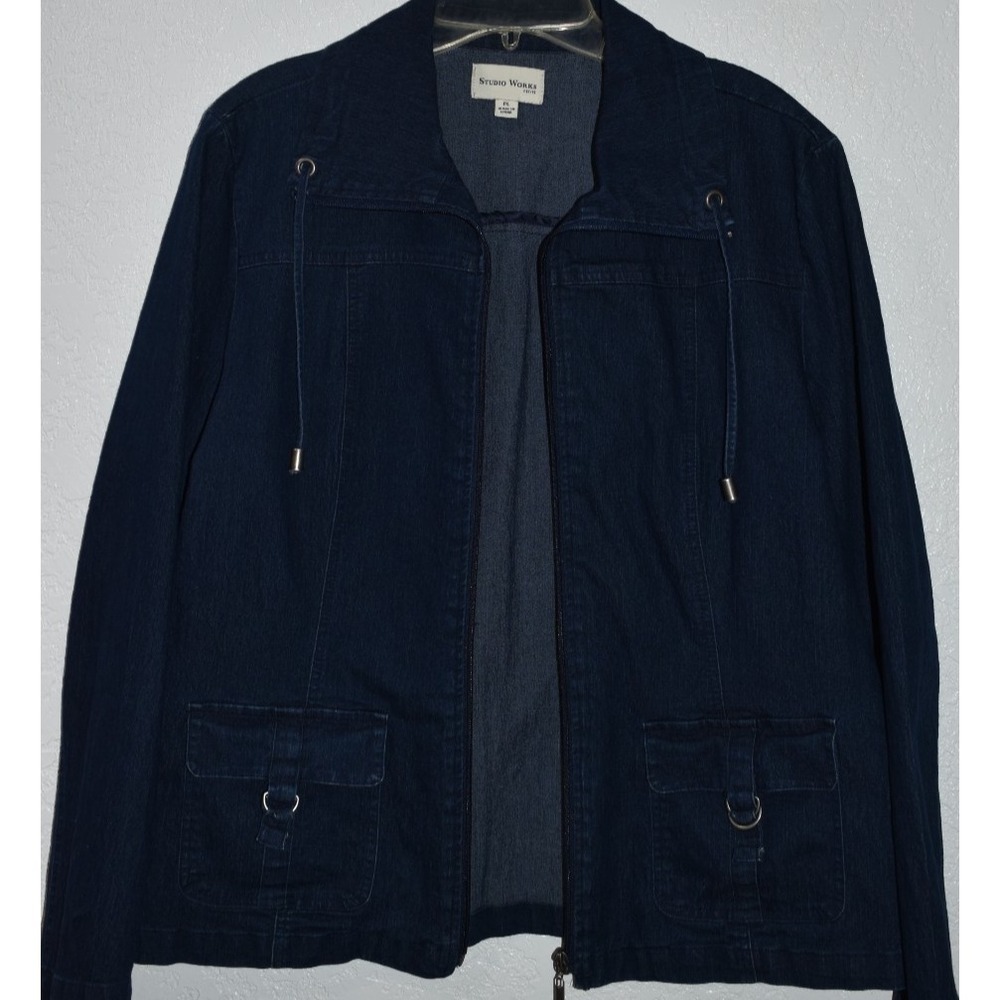 Studio Works PL Denim Jacket Stretch Blue Jean Full Zip Pockets‎ Drawstring Neck